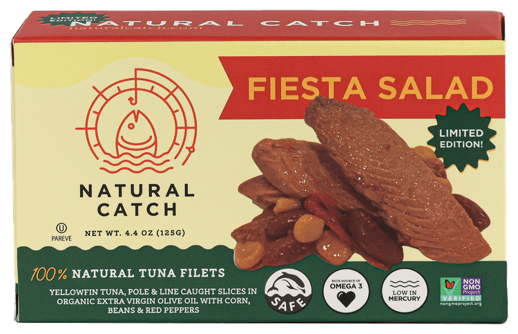Natural Catch Fiesta Salad Yellowfin Tuna in Organic Extra Virgin Olive Oil front packaging transparent cutout
