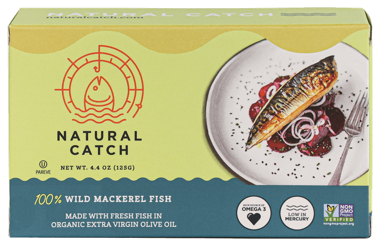 Natural Catch Wild Mackerel in Organic Extra Virgin Olive Oil front packaging transparent cutout