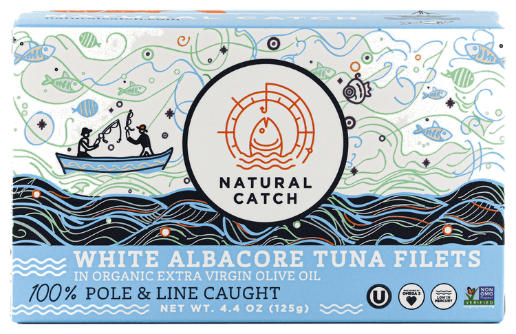 Natural Catch White Albacore Tuna in Organic Extra Virgin Olive Oil front packaging transparent cutout