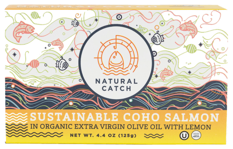Natural Catch Wild Coho Salmon with Lemon in Organic Extra Virgin Olive Oil front packaging transparent cutout