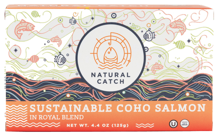 Natural Catch Wild Coho Salmon in Royal Blend front packaging transparent cutout
