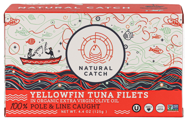Natural Catch Yellowfin Tuna in Organic Extra Virgin Olive Oil front packaging transparent cutout