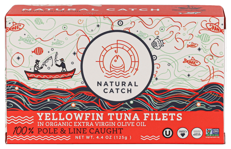 Natural Catch Yellowfin Tuna in Organic Extra Virgin Olive Oil front packaging transparent cutout