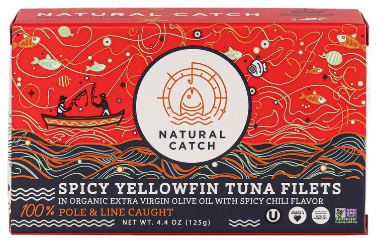 Natural Catch Spicy Chili Yellowfin Tuna in Organic Extra Virgin Olive Oil front packaging transparent cutout