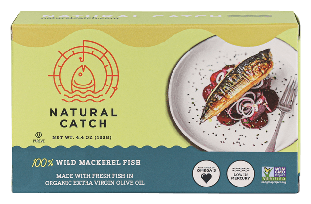 Natural Catch Wild Mackerel in Organic Extra Virgin Olive Oil front packaging transparent cutout