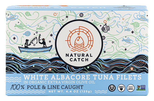 Natural Catch White Albacore Tuna in Organic Extra Virgin Olive Oil front packaging transparent cutout