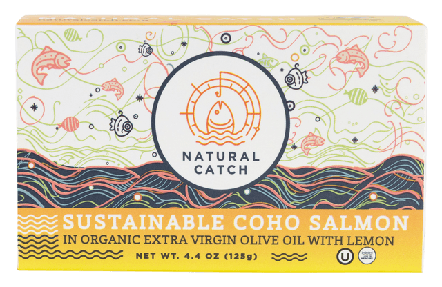 Natural Catch Coho Salmon with Lemon in Organic Extra Virgin Olive Oil front packaging transparent cutout