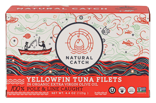 Natural Catch Yellowfin Tuna in Organic Extra Virgin Olive Oil front packaging transparent cutout
