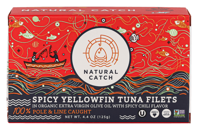 Natural Catch Spicy Chili Yellowfin Tuna in Organic Extra Virgin Olive Oil front packaging transparent cutout